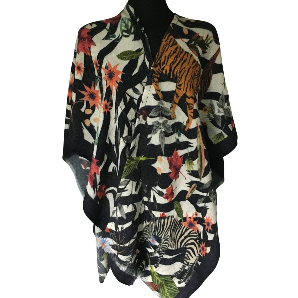 Vilagallo Anastasia Tropical Jungle 100% Wool Black Cream Poncho Cape